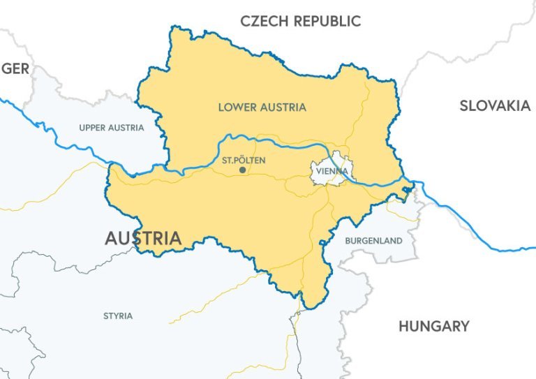 Drawn map of Lower Austria and surrounding federal states and countries